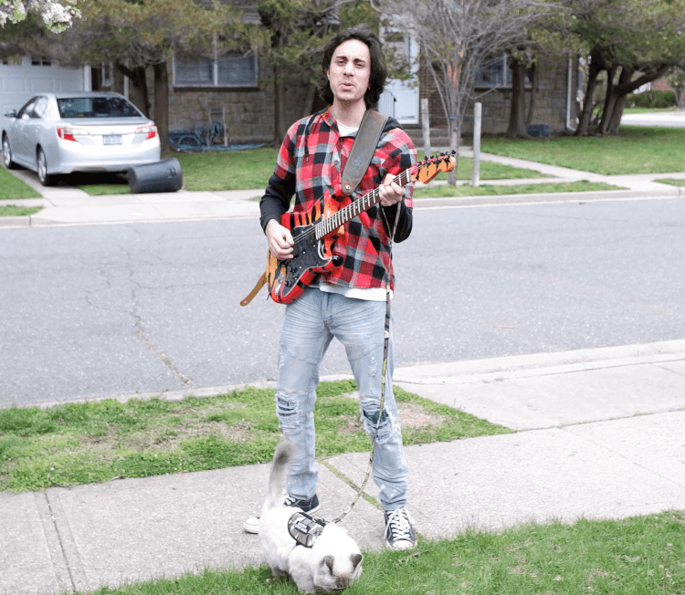 Daniel Michael Playing guitar outside with white cat yuki @yuki_bluev